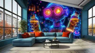 Neon lit robot bartender serving drinks in a futuristic bar symbolizing AI integration cybernetic hospitality and advanced technology Wall mural