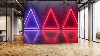 Neon triangular shapes with glowing lights, set against a dark background, creating a futuristic and vibrant high tech visual  Wall mural