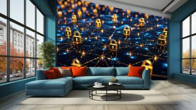 Network of blue digital locks on a dark field, depicting robust cybersecurity across vast digital landscapes. Wall mural