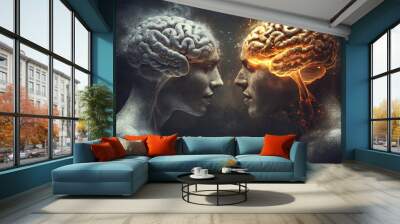 Neural density Cognitive brain network Two faces with contrasting neural brain patterns emphasize the opposing yet complementary forces of thought and emotion within relationships Wall mural