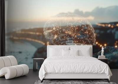 Neural network glowing at dawn on the oceans edge symbolizing new beginnings in neuroscience Wall mural