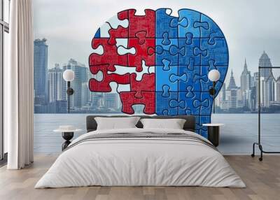 Neural Prefrontal cortex Modern digital illustration of a head with missing puzzle pieces set against a cityscape representing cognitive development and urban complexity Wall mural