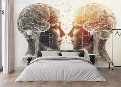 Neurobiology Limbic system Reflective brain to brain communication between two figures visualized with light and energy patterns in an abstract science fiction style Wall mural