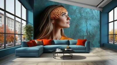 Neuroprosthetics neuroprosthetics brainwave neuroprosthetics and cognitive neuroscience side profile of a woman with an abstract glowing brain in a concrete backdrop Wall mural