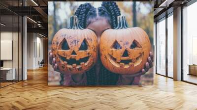 Person holding two jack o’ lanterns in front of their face creating a playful and fun Halloween scene with vibrant orange pumpkins and a joyful autumn atmosphere Wall mural