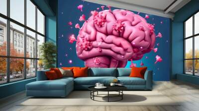 Pink brain with tiny floating viruses on a teal background, illustrating the concept of neural health and diseases in a vibrant visual style. Wall mural