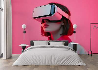 Portrait of a woman in a vibrant pink environment wearing a sleek VR headset symbolizing the fusion of modern fashion and advanced virtual reality technology in an immersive world Wall mural