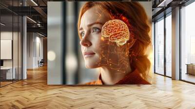 Portrait of a woman with a glowing digital brain representing intellectual curiosity cognitive enhancement and the power of modern thought processes Wall mural