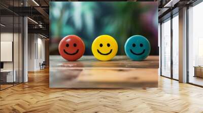 Positive Psychology Emoji soulmate Smiley, Icon Illustration sentiment. Smiling cartoon merriment. Big grin feedback management happy smile. user rating stress management Wall mural