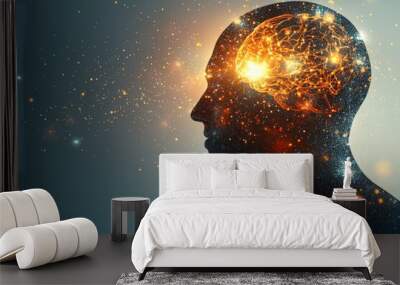 Profile of a man with a glowing brain symbolizing intelligence innovation and the expansive potential of human thought in a vibrant modern setting Wall mural