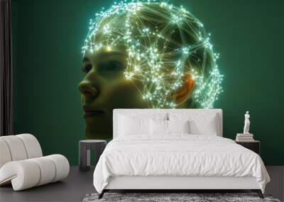 Profile of a woman with glowing neural connections symbolizing the brilliance and energy of thought in a dynamic conceptual environment Wall mural