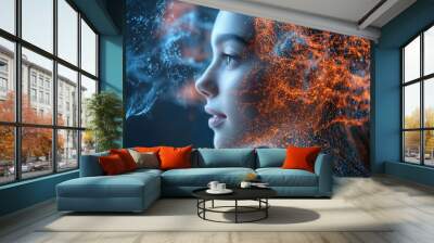 Profile of a young woman with a glowing abstract neural network overlay symbolizing cognitive power deep thinking and the intricate connection between the human mind and digital technology Wall mural