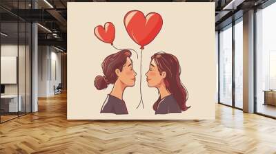 Romantic illustration of two women with heart shaped balloons symbolizing love and joy in a whimsical artistic setting Wall mural