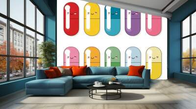 Set of colorful pill characters with happy faces representing the diversity and joy of modern medication and its positive impact on healthcare Wall mural