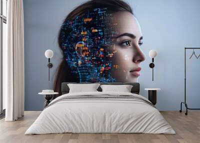 Side profile of a woman with digital facial elements symbolizing the fusion of human intellect with technology and digital communication in a futuristic setting Wall mural