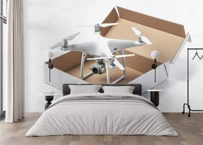 Smart package Drone Delivery urbanization. Box shipping connected home parcel last mile logistic drone transportation. Logistic tech electronic box mobility autonomous drones Wall mural