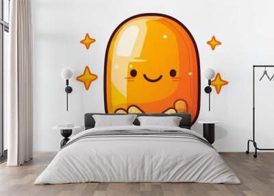 Smiling capsule character with a happy expression and sparkling details on a white background symbolizing positivity and health in a bright and cheerful design Wall mural