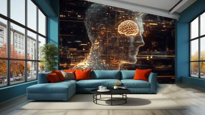 Stress response Specialized Futuristic digital brain inside a human head symbolizing the integration of technology and thought in a high tech environment Wall mural