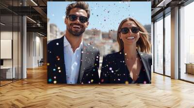 Stylish couple enjoying a sunny day out in the city sporting sunglasses and smiles Wall mural