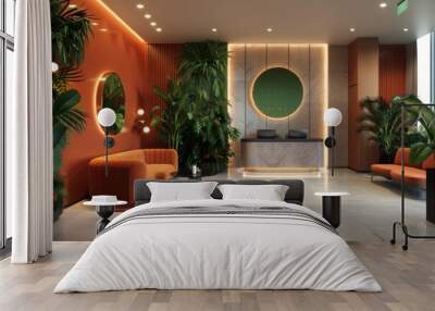 Stylish modern interior design featuring vibrant orange and green accents lush indoor plants and contemporary furniture in a welcoming brightly lit setting Wall mural