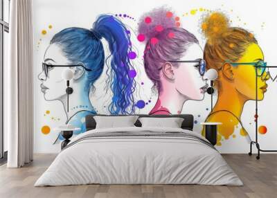 Stylish women with colorful hairstyles and glasses, modern and trendy, digital illustration, vibrant and youthful. Wall mural