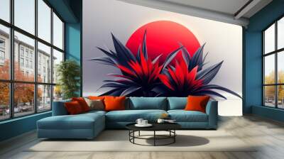 Surreal digital illustration of a bright red sun rising behind spiky blue plants evoking mystery beauty and a touch of fantasy Wall mural