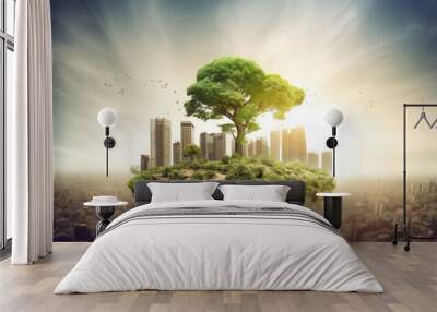 Sustainable development goals, mini green environment earth, renewable energy solutions, water management, clean air and water, eco forest, ecological balance, environmental responsibility Wall mural