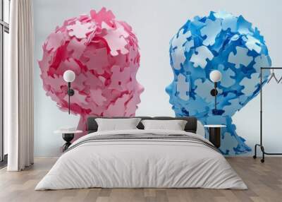 Two abstract human heads made of pink and blue puzzle pieces symbolize the balance of opposing ideas and the process of intellectual synthesis in a modern artistic context Wall mural