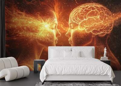 Two Glowing Human Silhouettes Facing Each Other with Fiery Brain Connections Depicting Communication and Energy Transfer Wall mural