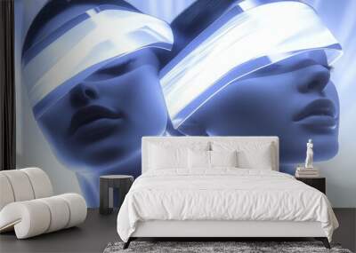 Two human faces wrapped in glowing digital bands symbolizing the overwhelming influence of technology on human perception and identity in a digitally dominated world Wall mural