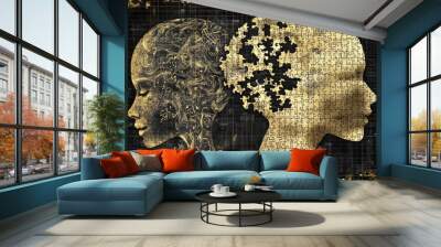 Two human profiles made of gold puzzle pieces with intricate designs symbolize the richness of thoughts and the complexity of intellectual connections in a luxurious context Wall mural