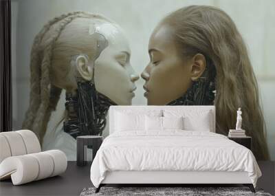 Two humanoid figures one human and one robotic face each other intimately representing the blurred lines between humanity and artificial intelligence in a near future world Wall mural