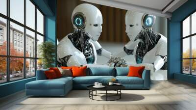 Two humanoid robots shaking hands across a table symbolizing the potential for collaboration between AI entities and the integration of robotics in business and negotiation settings Wall mural