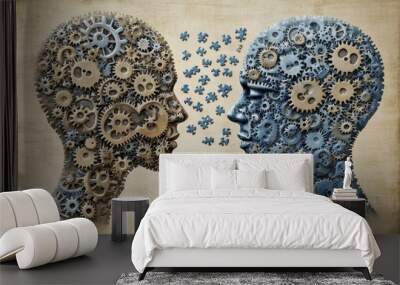 Two mechanical brains made of gears and cogs facing each other symbolizing the intricate machinery of human thought and the puzzle of communication in a conceptual art style Wall mural