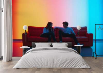 Two people sitting on a red couch in a neon lit room symbolizing modern communication virtual interaction and tech driven collaboration in a vibrant futuristic setting Wall mural