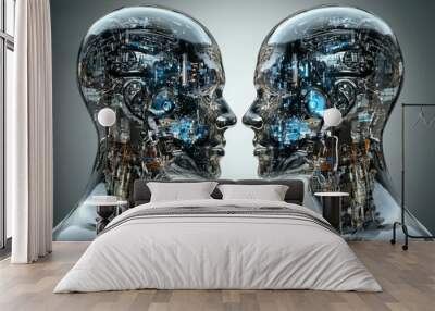 Two robotic heads facing each other with exposed mechanical parts symbolizing the raw and intricate design of artificial intelligence and its evolution in a high tech world Wall mural