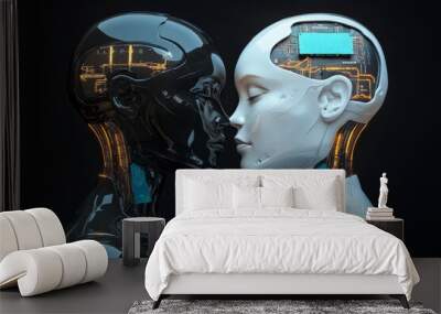 Two robotic heads in sleek futuristic designs facing each other representing the evolution of artificial intelligence robotics and the development of humanoid technology Wall mural