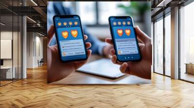 Two smartphones displaying digital hearts symbolizing modern relationships online dating and the emotional connections made through technology with a focus on screen interaction Wall mural