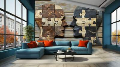 Understanding Couple Conceptual art of two human profiles made of wooden puzzle pieces symbolizing the intricate and interlocking nature of human relationships and communication Wall mural