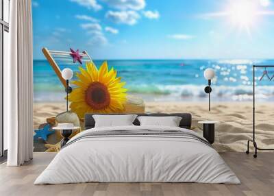 Vibrant beach scene with sunflowers seashells and beach toys under a bright blue sky Wall mural