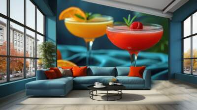 Vibrant cocktail drinks with bright colors and fruit garnishes, creating a festive and lively atmosphere Wall mural