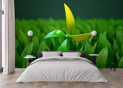 Vibrant Green Leaf with Yellow Wind Turbine Blades Wall mural