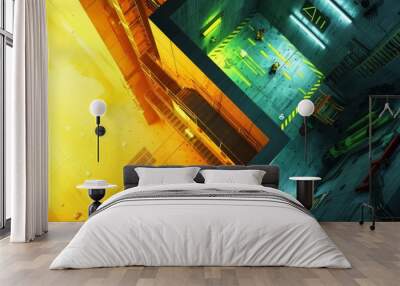 Vivid AI conceptual artwork in neon cityscape blending digital and urban elements dynamically. Wall mural