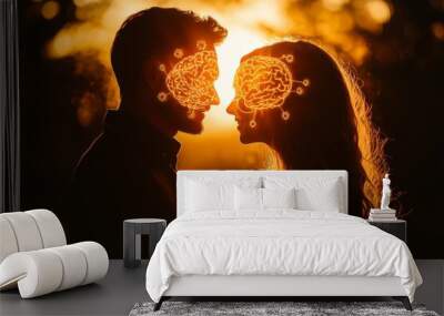 Warm and romantic digital art of a couple with glowing brains symbolizing the emotional and intellectual connection shared in the golden light of a sunset Wall mural