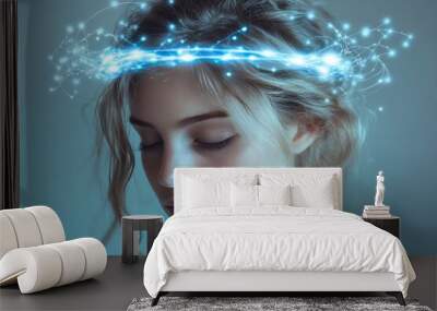 Woman with a glowing neural crown symbolizing intelligence mental focus and the synergy of thoughts in a bright and conceptual digital portrait Wall mural