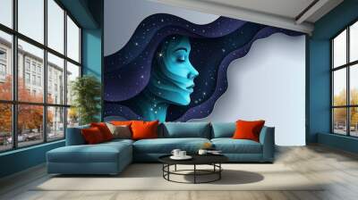 Womans profile with cosmic elements and abstract layers shades of blue and black detailed and imaginative conceptual and artistic design digital illustration Wall mural