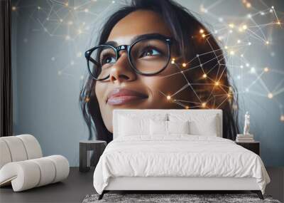 Young woman with glasses and digital elements surrounding her head symbolizing intelligence technological fluency and the integration of knowledge and digital innovation in a modern world Wall mural