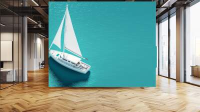 Top view shot of a white sailboat banner on a clear light blue ocean.Copy space.Created with generative ai Wall mural