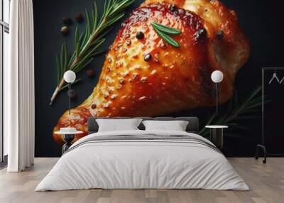 Roast chicken leg garnished isolated in black background. Grill roast bbq chicken drumstick. Wall mural