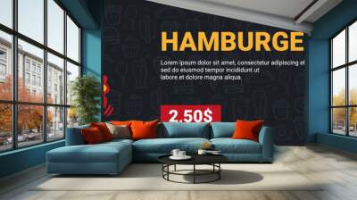 FastFood Menu with Hamburger. Hand draw doodle background. Wall mural